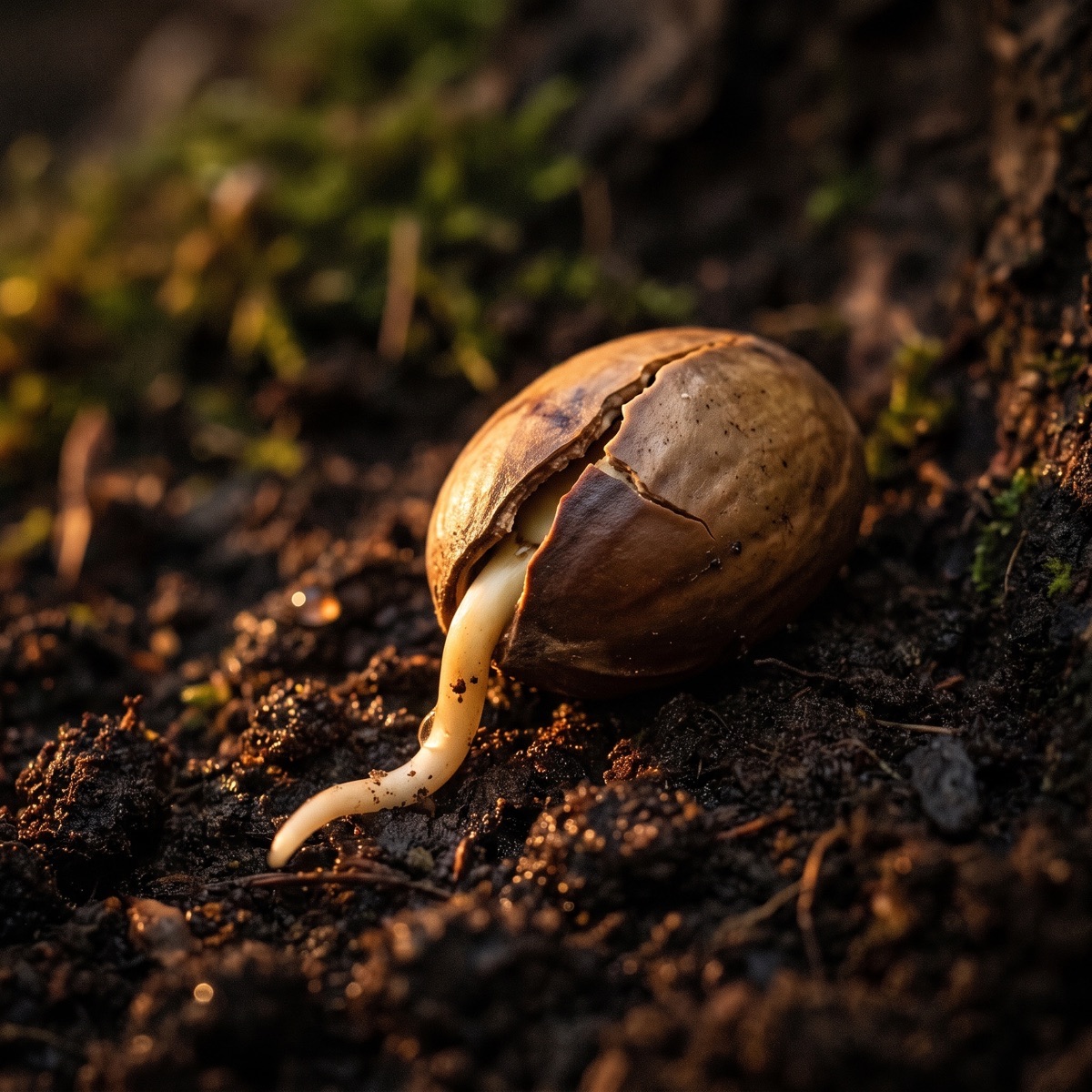 A seed split open on dark soil, its first pale root curving down into the earth