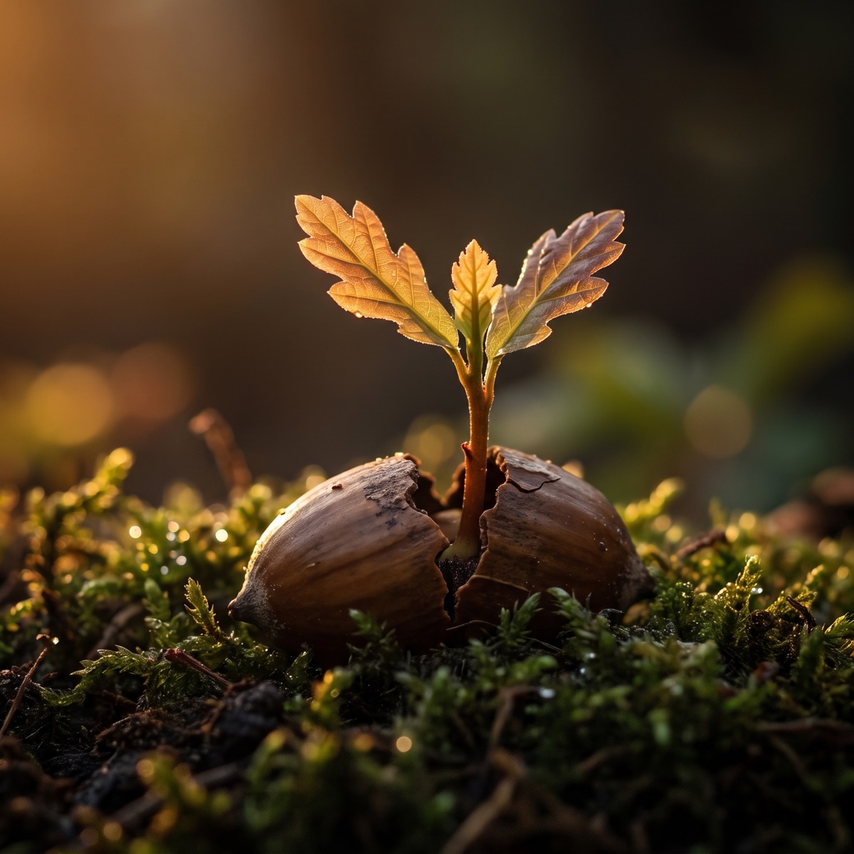 An oak seedling opening its first leaves above its split acorn, on moss in warm light