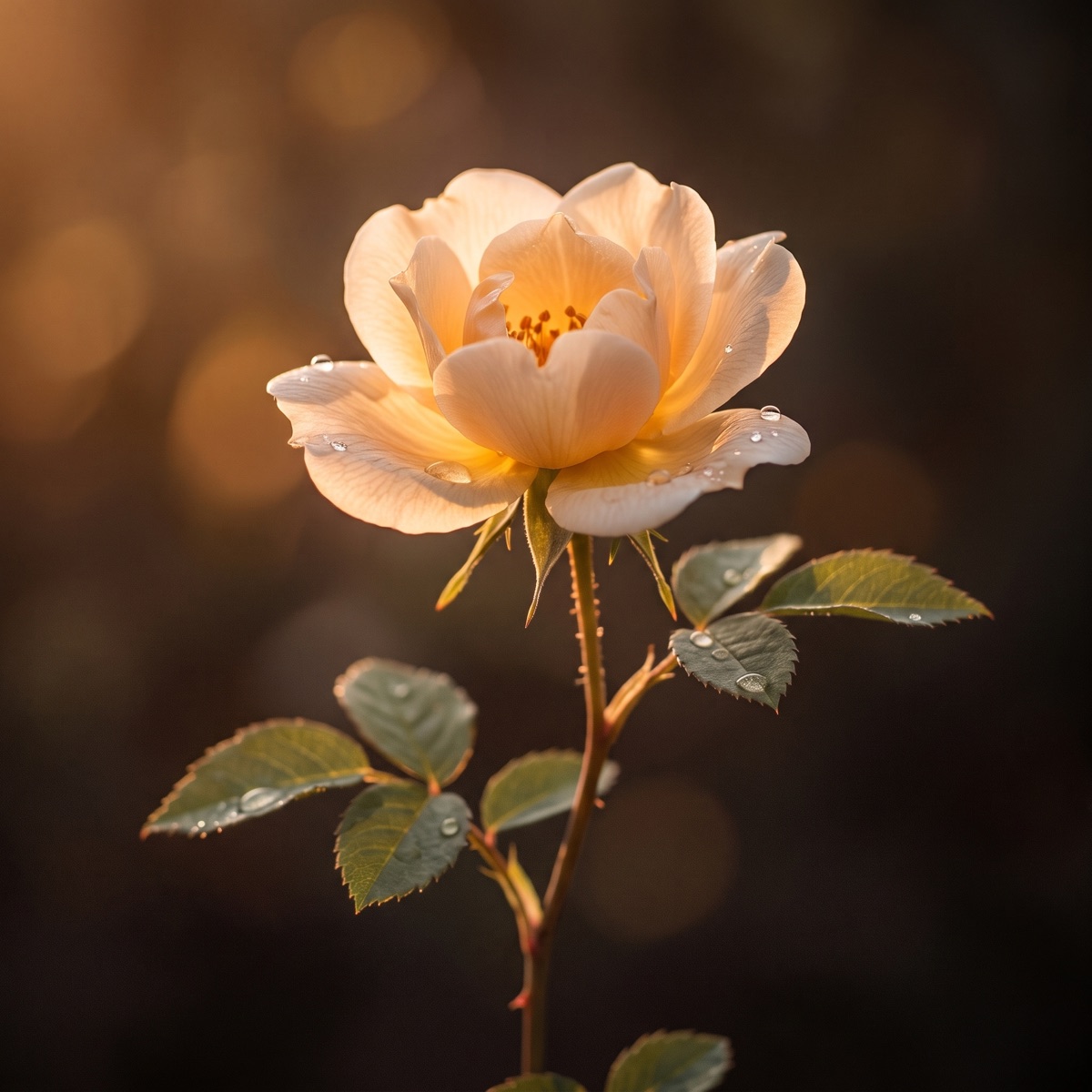 A wild rose in full bloom on a young stem, its pale petals glowing in warm light