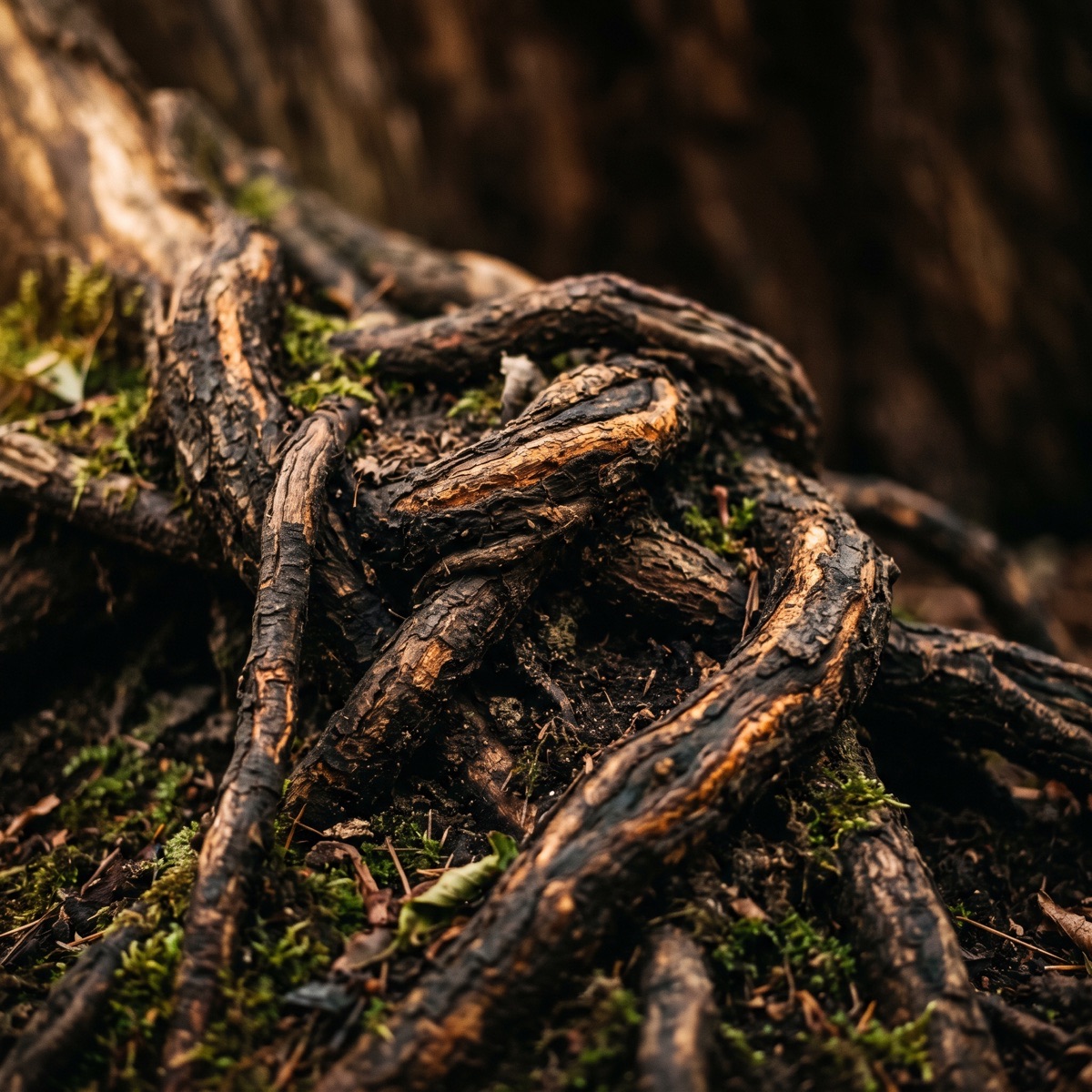 Tree roots wrapped around each other, bark catching warm light, moss between them