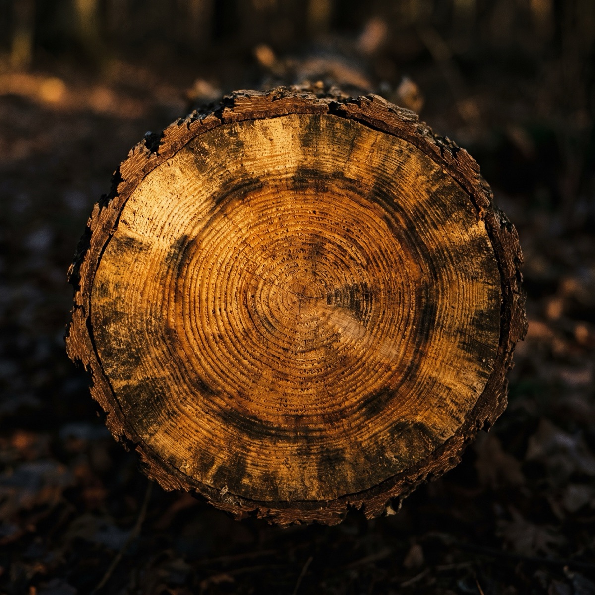 The growth rings of a tree, lit warm from one side