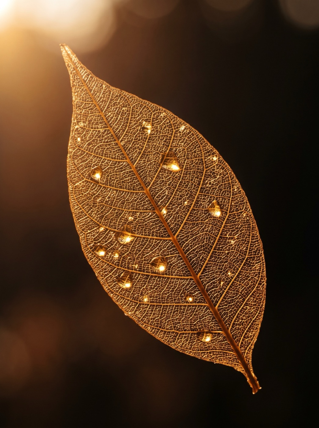 A skeleton leaf held up to warm light, only its veins left, raindrops glowing in the lace