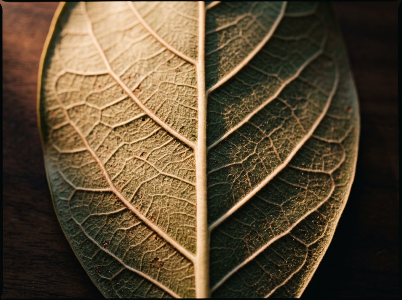The underside of a broad leaf, midrib and veins raised in soft relief